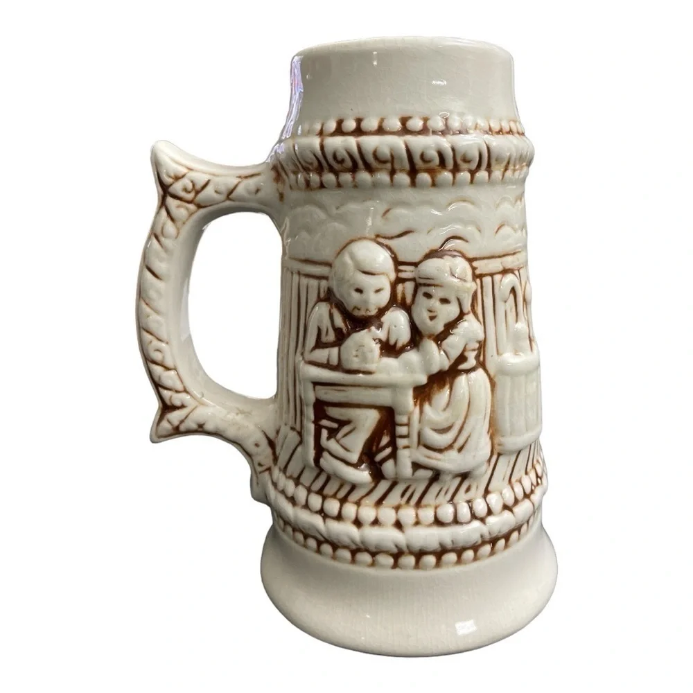Vintage Ceramic Stein Made in Brazil #1366 White & Brown Beer Stein